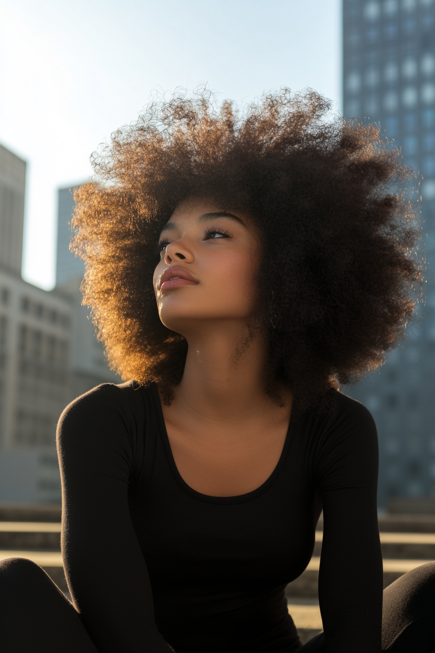 26 years old black woman, with Afro Poof, make a photosession in a roof.