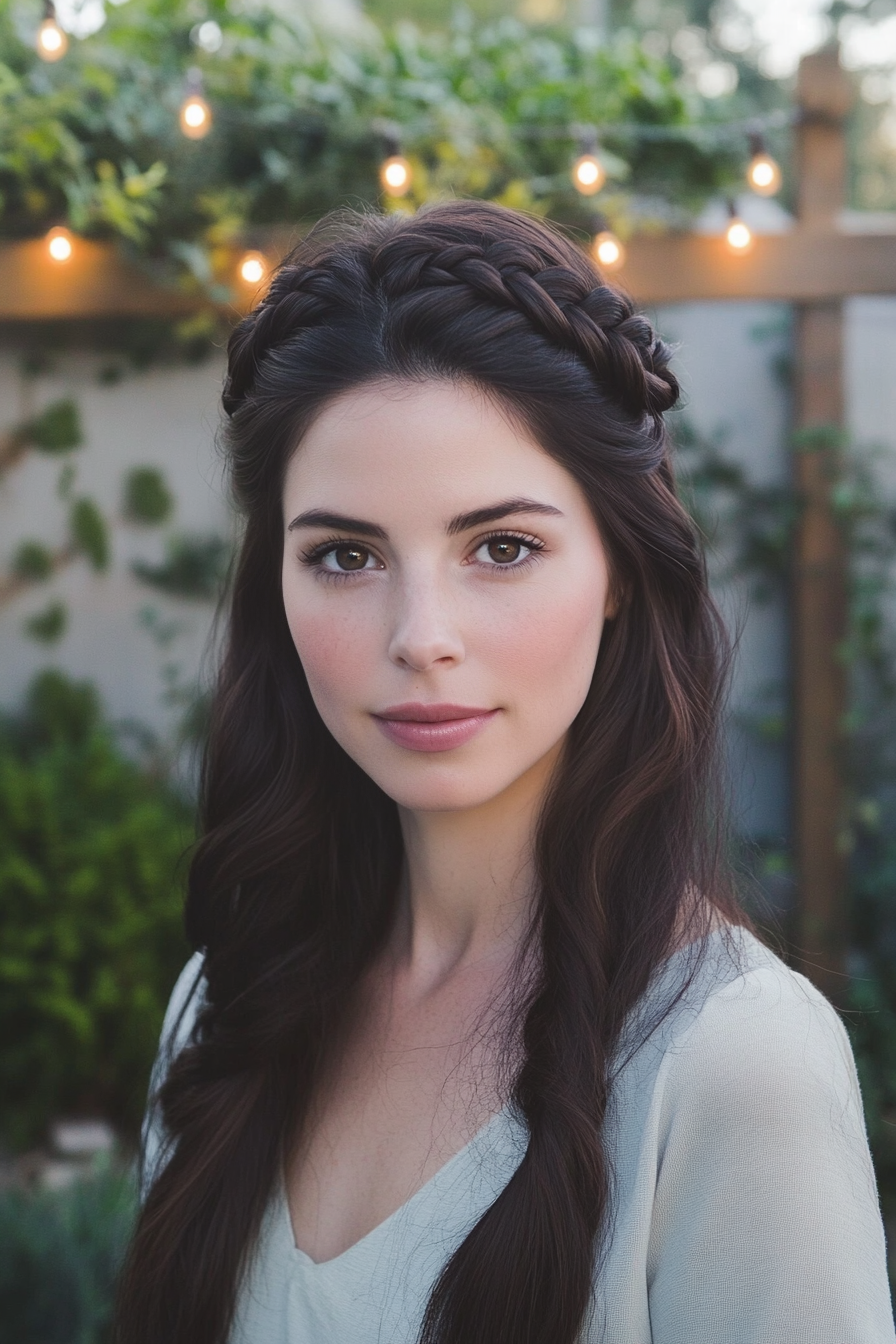 29 years old woman with a Chic Braided Updo, make a photosession in a casual outdoor gathering in a backyard.