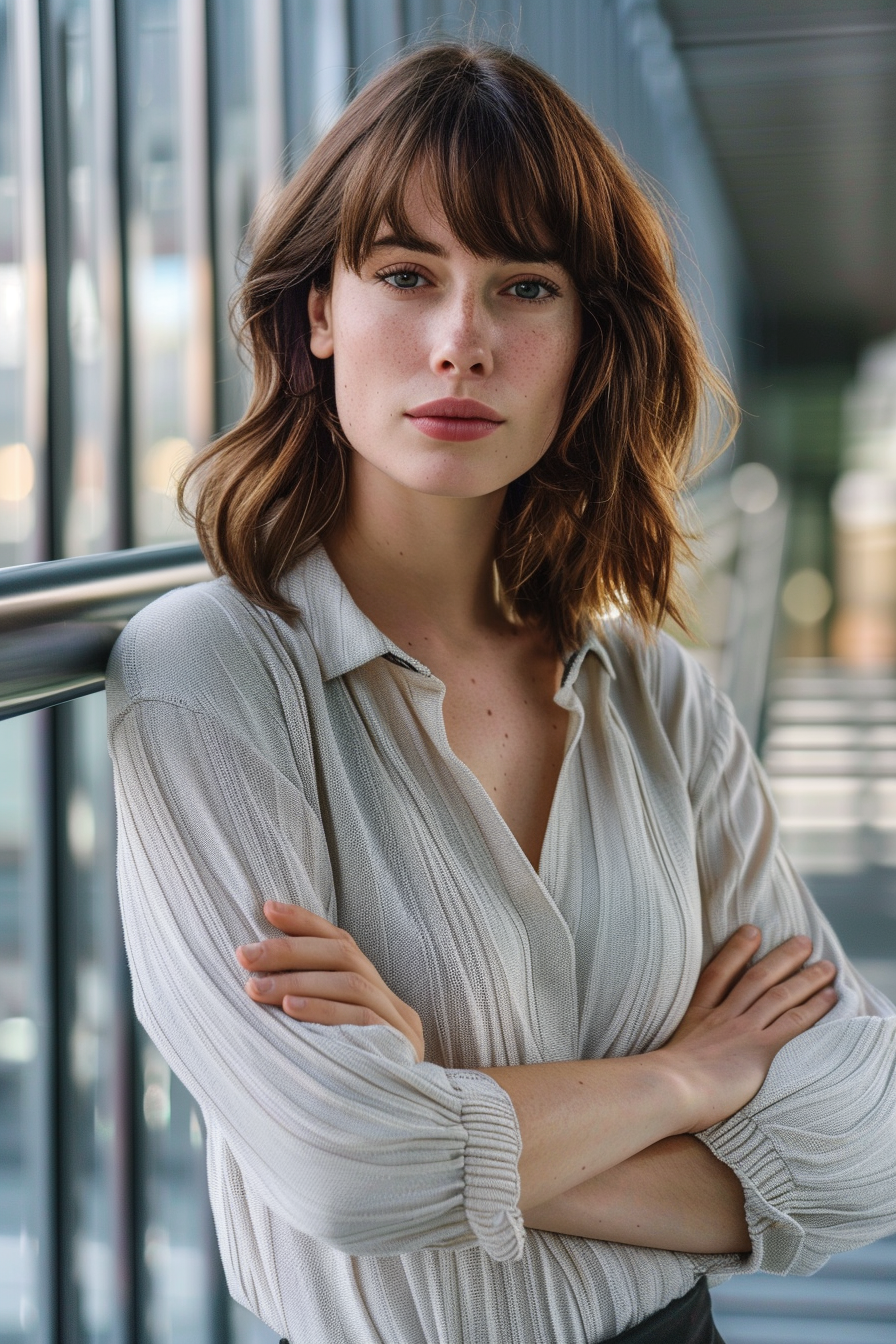 32 years old woman with a Shoulder Length Cut with Bangs, make a photosession in a office.