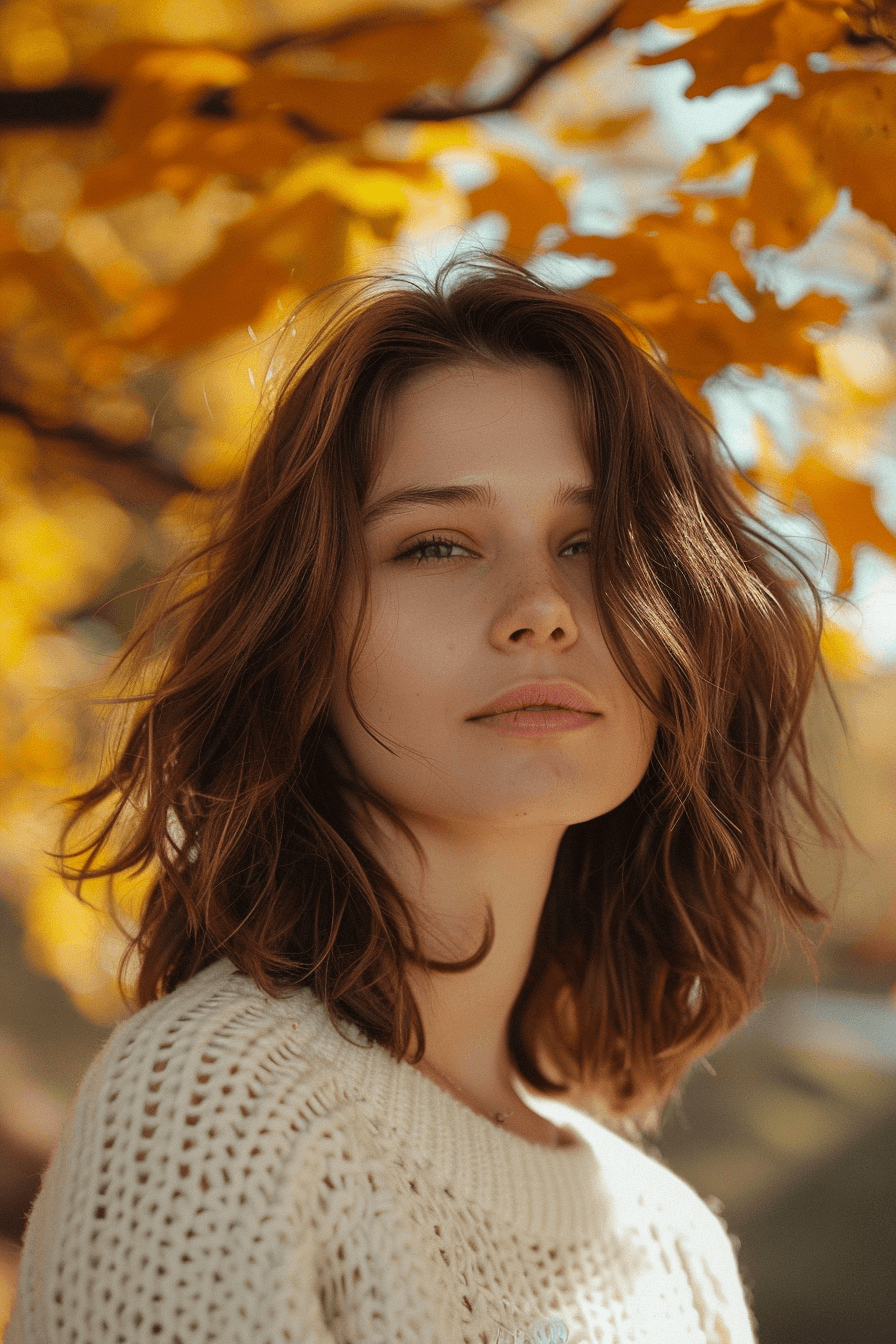 35years old woman with a Blunt Lob with Wisps, make a photosession in a park