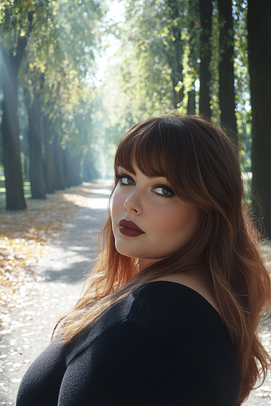 31 years old woman with a Side-Swept Bangs, make a photosession in a park.