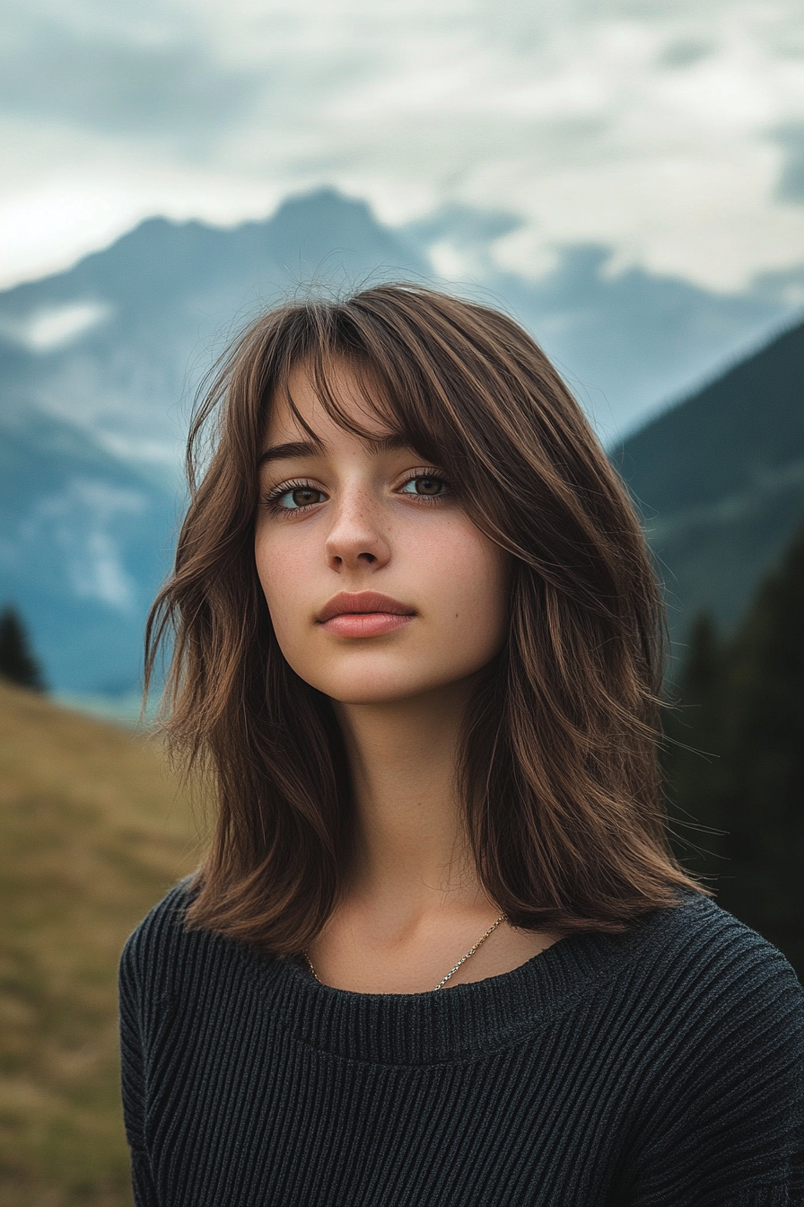 31 years old woman with a Wolf Cut, make a photosession sitting in a picturesque place with mountain view with cloudy sky.