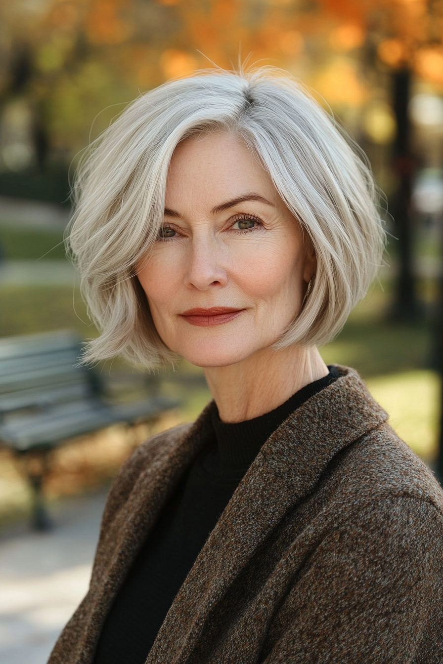 56 years old woman with a Jaw-Length Stacked Bob, make a photosession in a park.