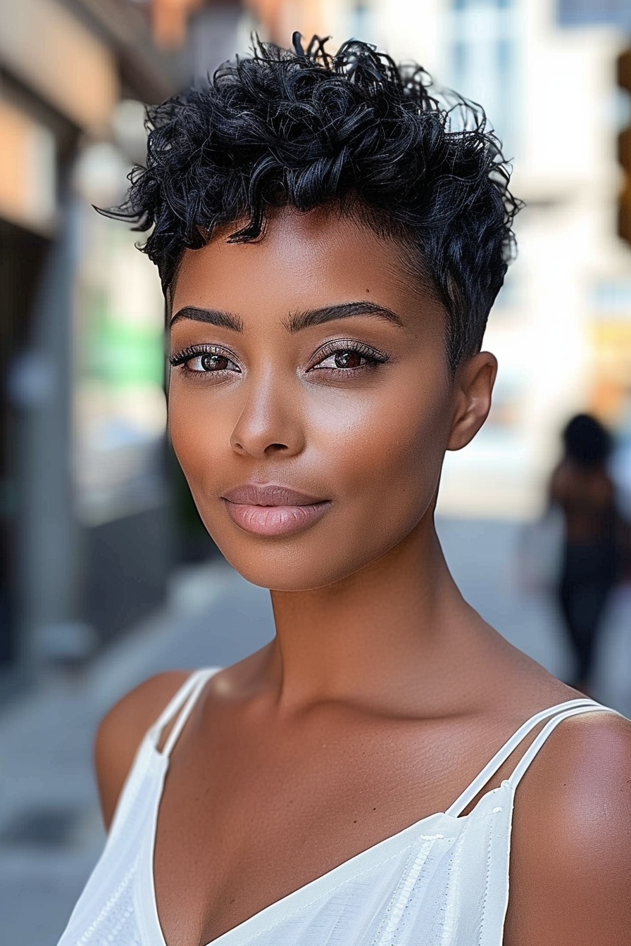 35 years old black woman, with Textured Pixie, make a photosession in a street. With dimples on the cheeks. Background - street.