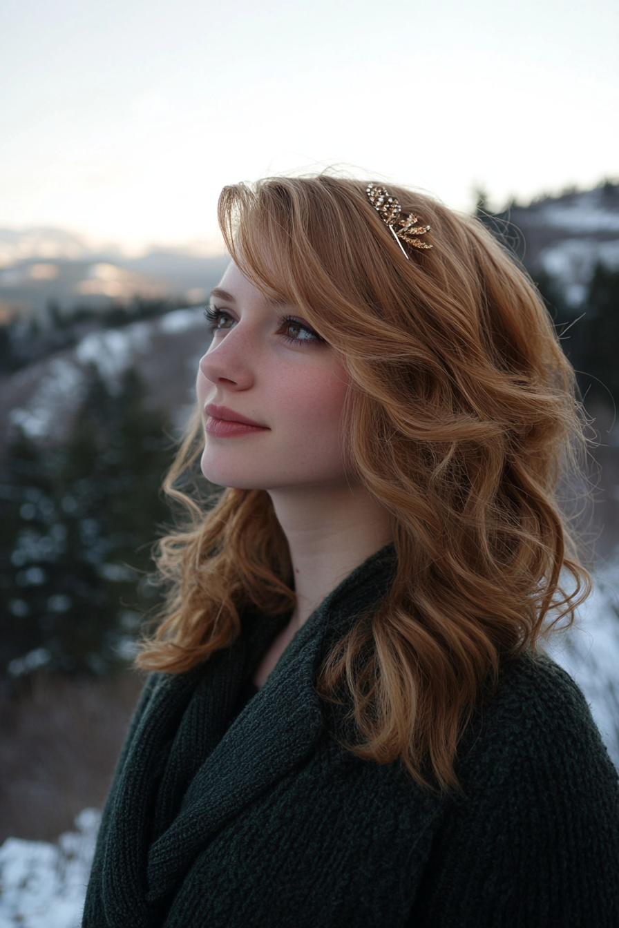 27 years old woman with a Side-Swept Curls with a Barrette, make a photosession in the winter forest