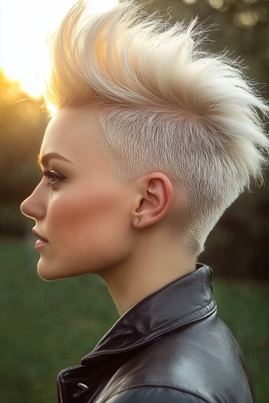 29 years old woman with a Mohawk, make a photosession in a park.