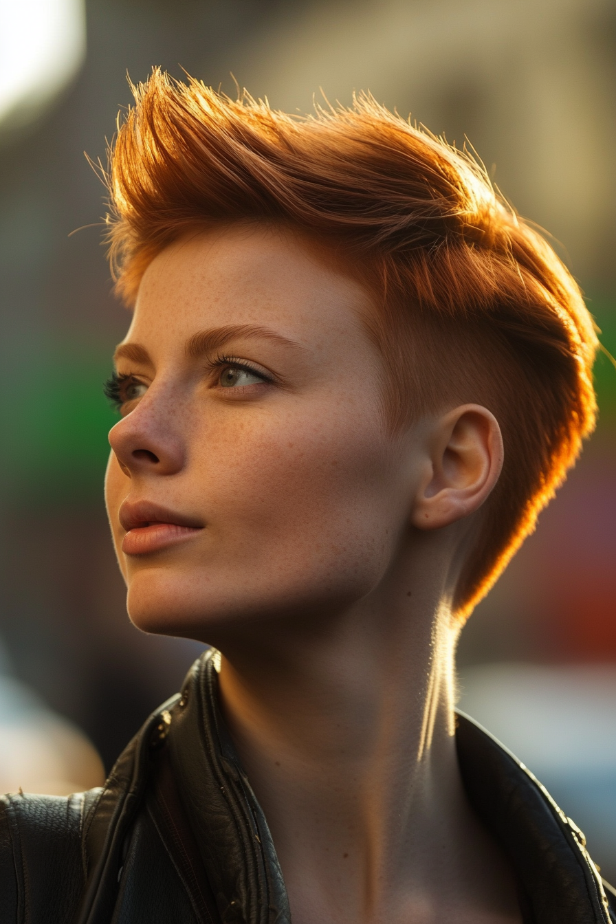 28 years old woman with a Faux Hawk, make a photosession in a street.