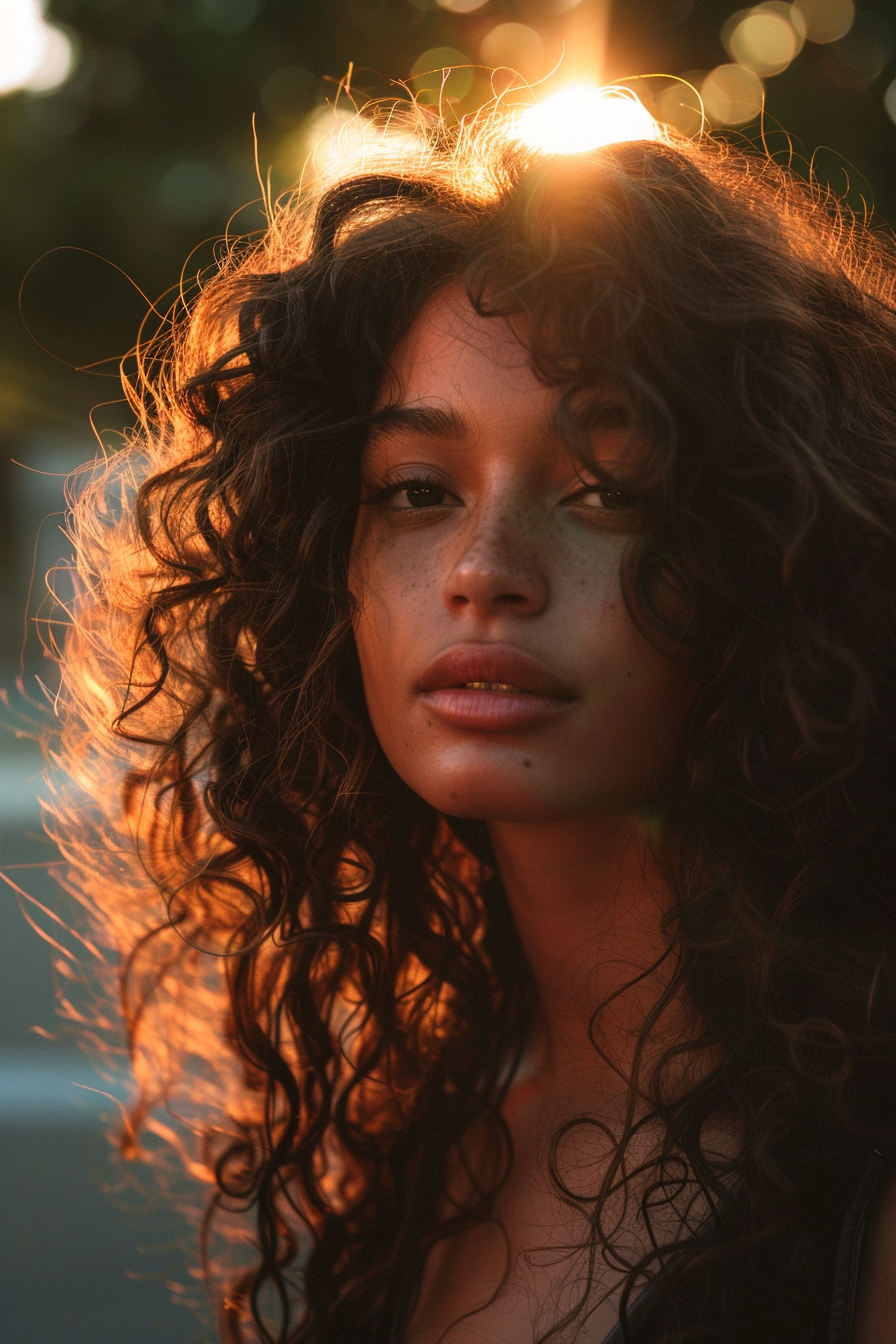 35 years old black woman, with Long Curly Layers with Highlights, make a photosession in a street