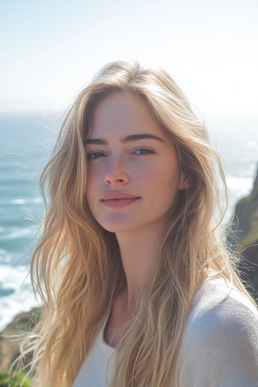 35 years old woman with a Beachy Middle-Parted Waves, make a photosession in a seaside cliff with ocean view.