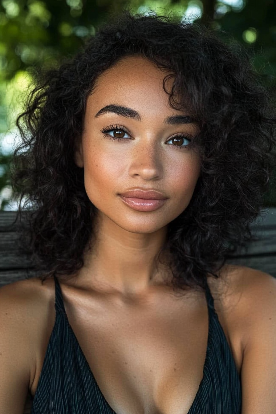 29 years old woman with Side Swept Curls, make a photosession on a quiet park bench surrounded by greenery.