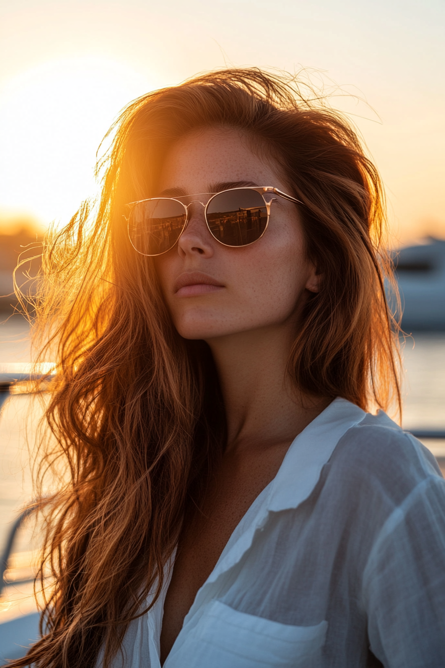 33 years old woman with a Half-Up Half-Down, make a photosession in a yacht deck.