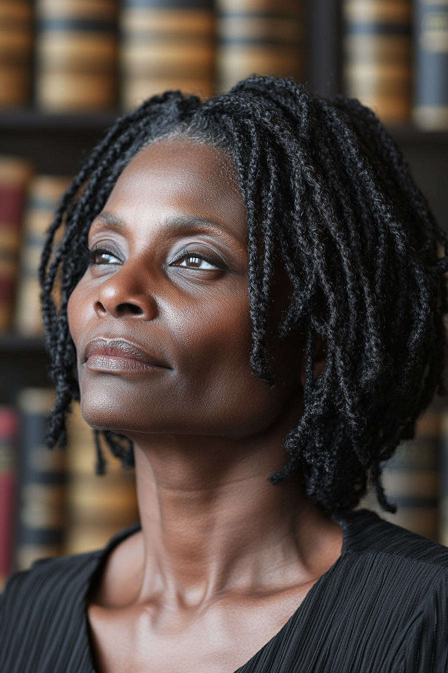 52 years old woman with a Short Layered Sisterlocks, make a photosession in a library.