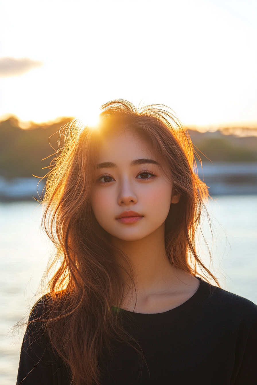 27years old woman with Whimsical Waves, make a photosession on a vibrant riverside promenade with trees and sunlight reflecting off the water.