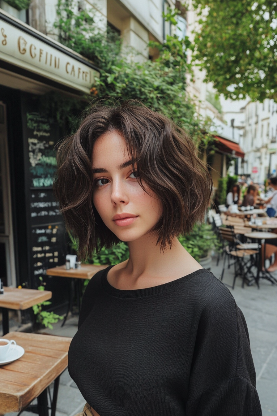 28 years old woman with a Textured Bob, make a photosession at a small, bustling outdoor café