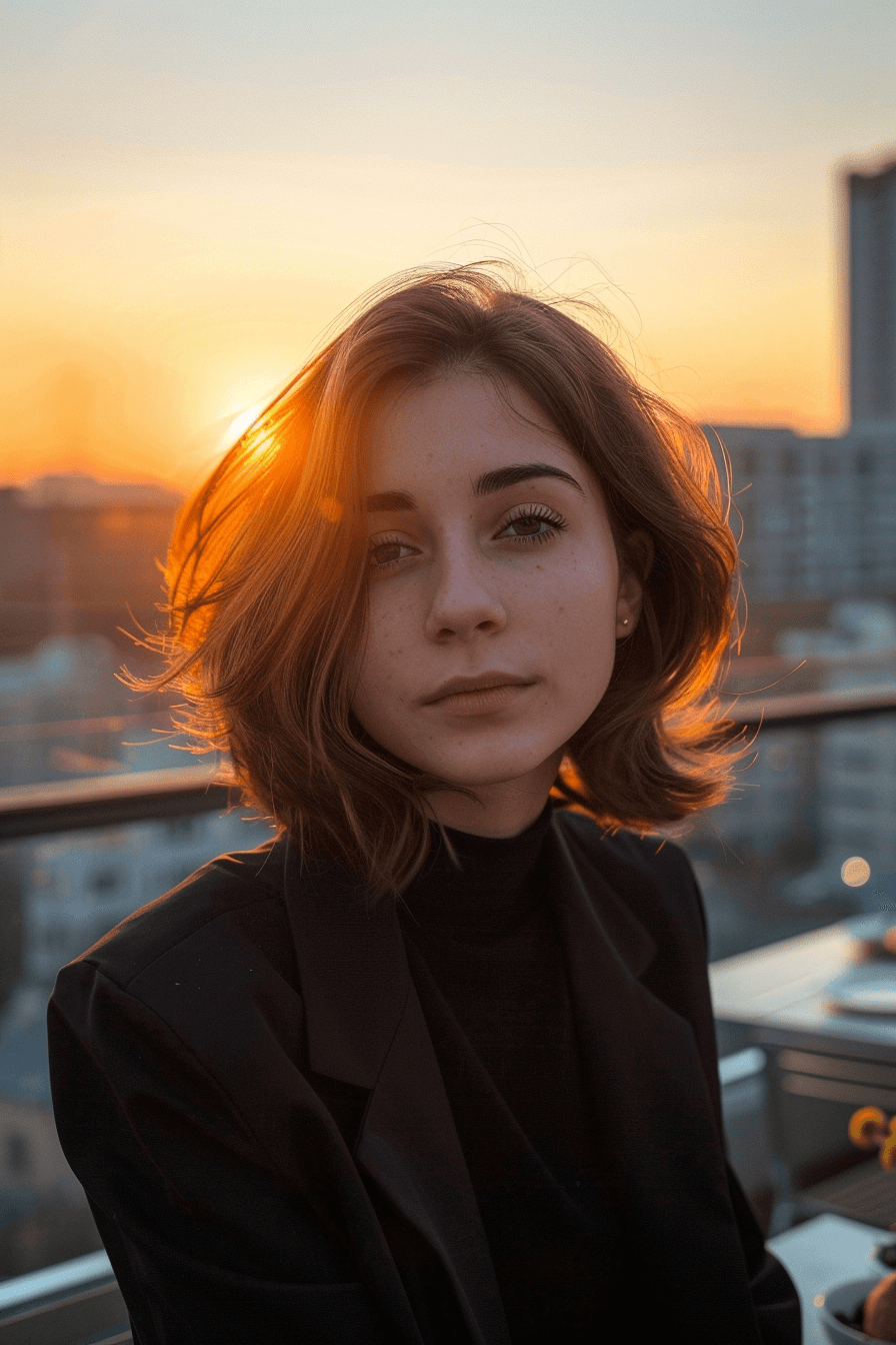 26 years old woman with a Chic Bob, make a photosession in a expensive restaurant on the roof of a building.