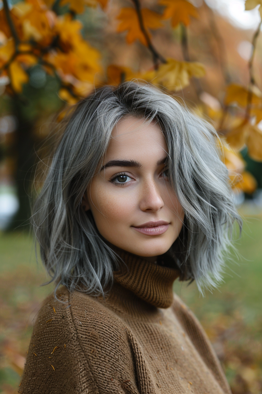 29 years old woman with a Salt and Pepper Reverse Ombre, make a photosession in a fall park.