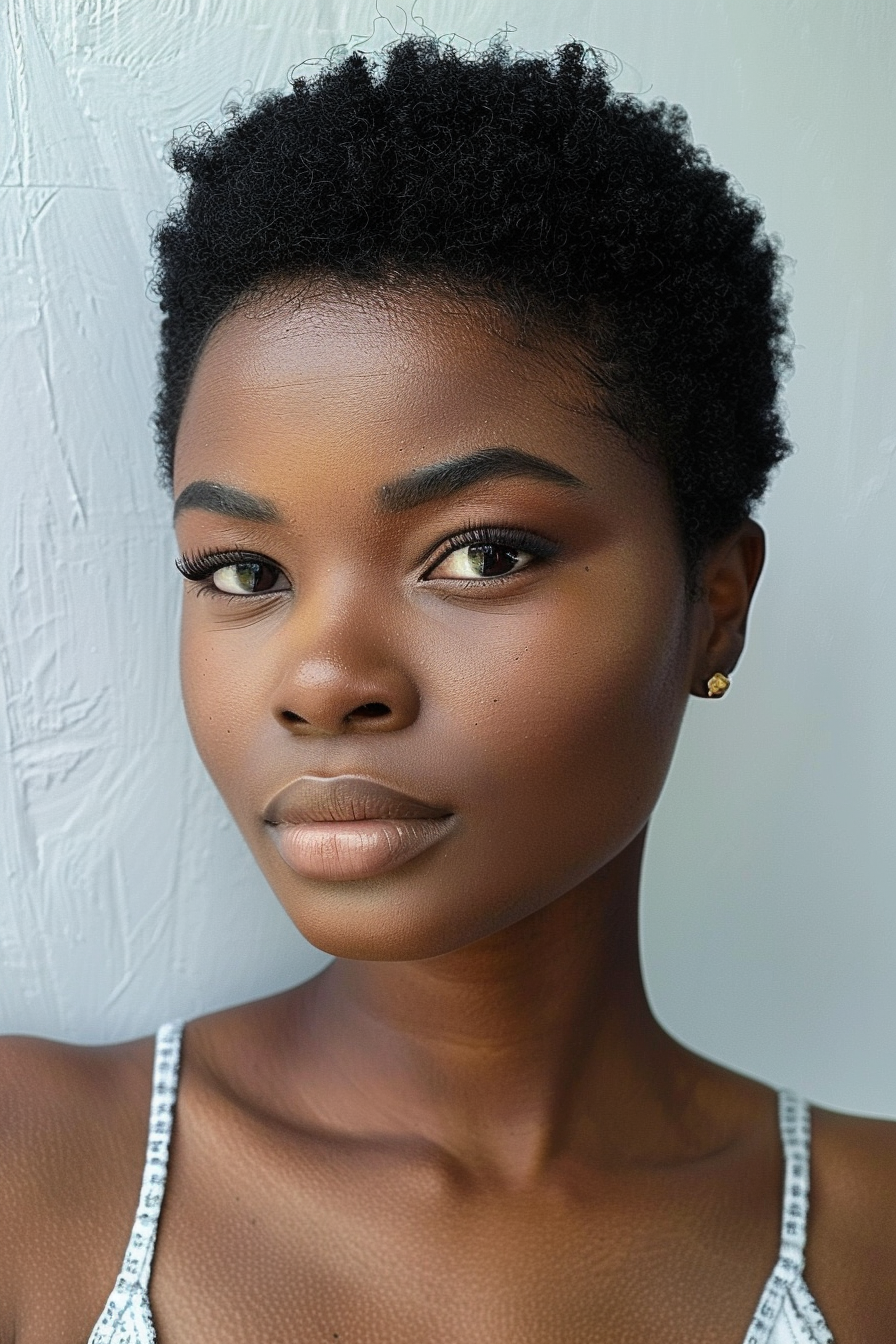 35 years old black woman, with Tapered Natural Hair Cut Lines, make a photosession in a street.