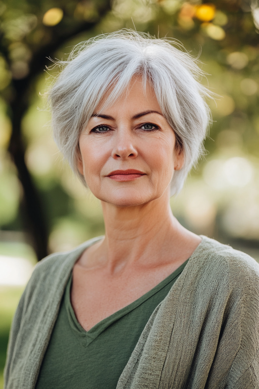 64 years old woman with a Trendy Short Cut for Thin Hair, make a photosession in a park.