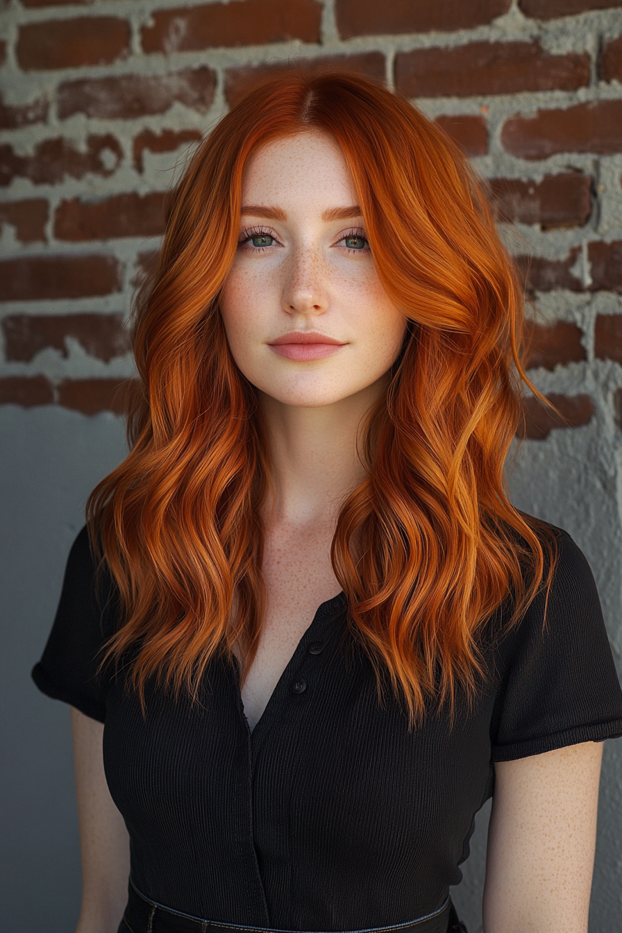 36 years old woman with a Fiery Copper Red Layered Waves, make a photosession in a studio.