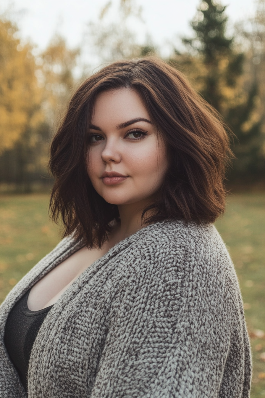 33 years old woman with a Asymmetrical Lob , make a photosession in a park.