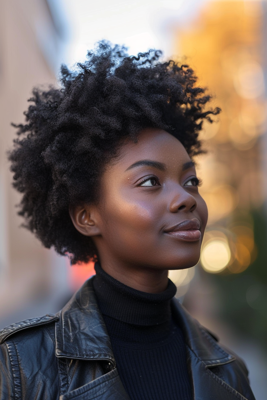 35 years old black woman, with Frohawk, make a photosession in a street.