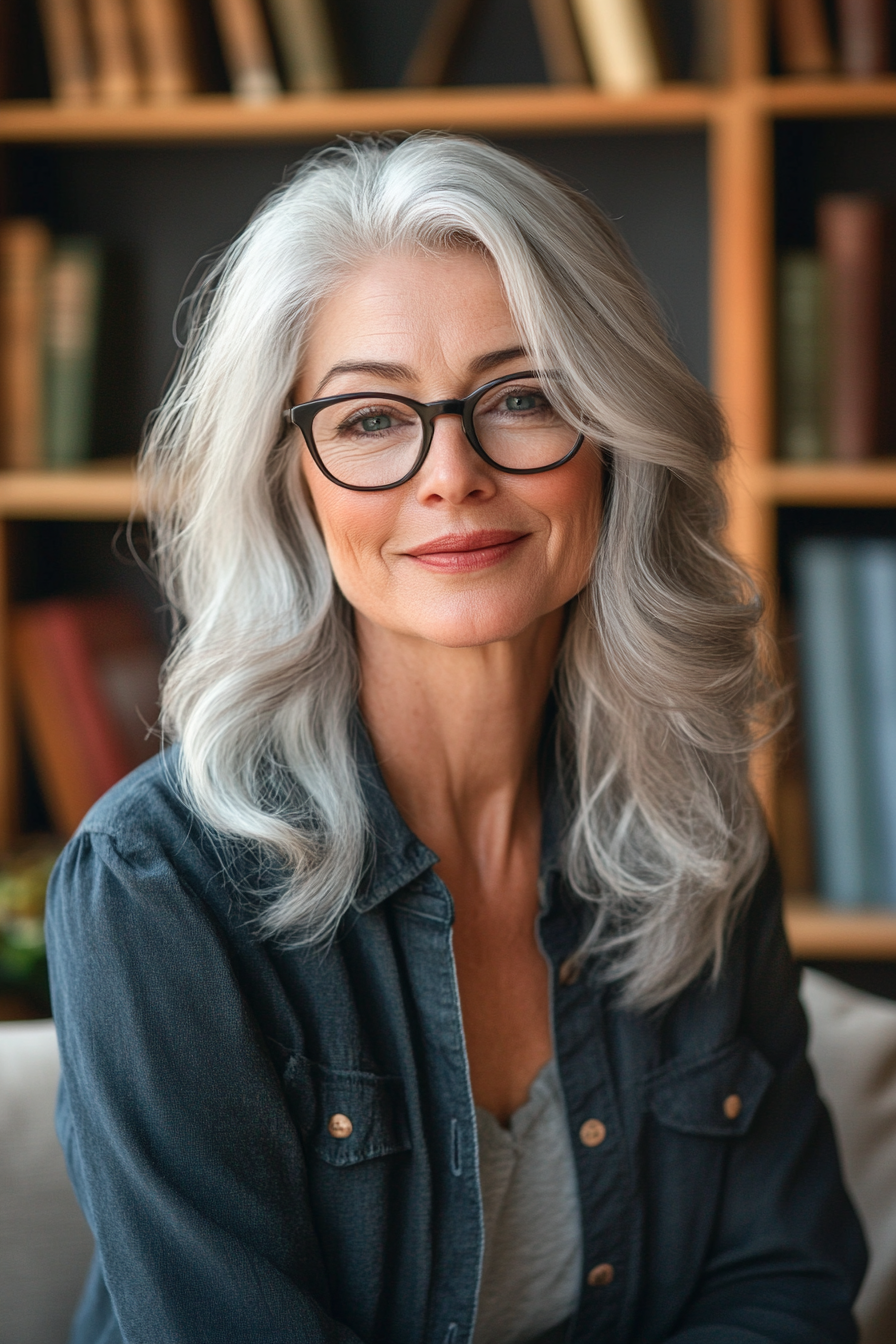 63 years old woman with a Long Bob with Side Part for Glasses, make a photosession in a library.