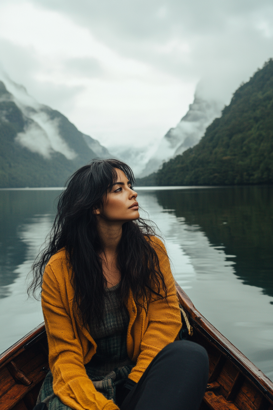 34 years old woman with Long Layers, make a photosession on a boat, enjoying the view of a peaceful lake surrounded by mountains, with calm water reflecting the clouds.