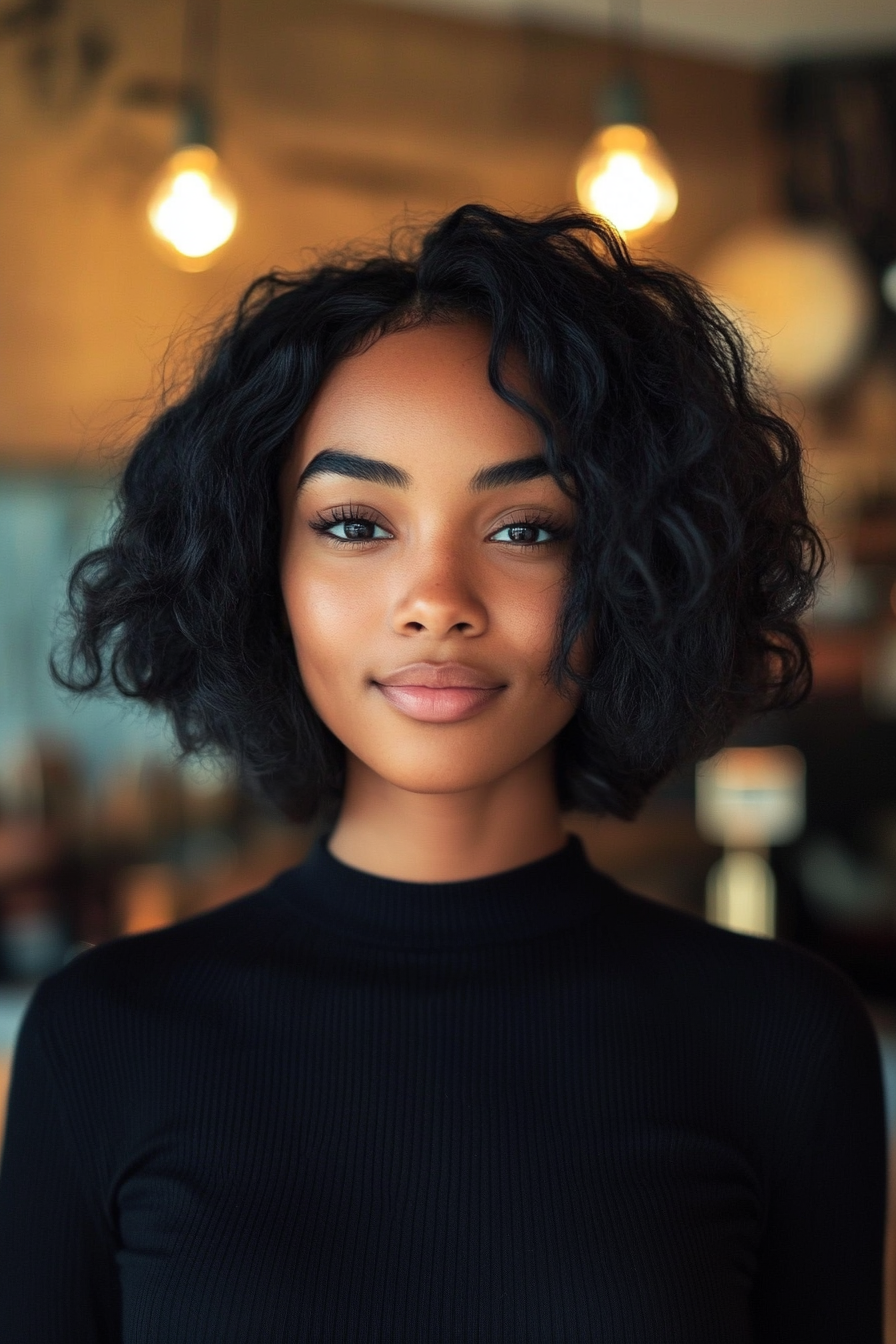 28 years old black woman, with Wavy Black Bob, make a photosession in a cafe.