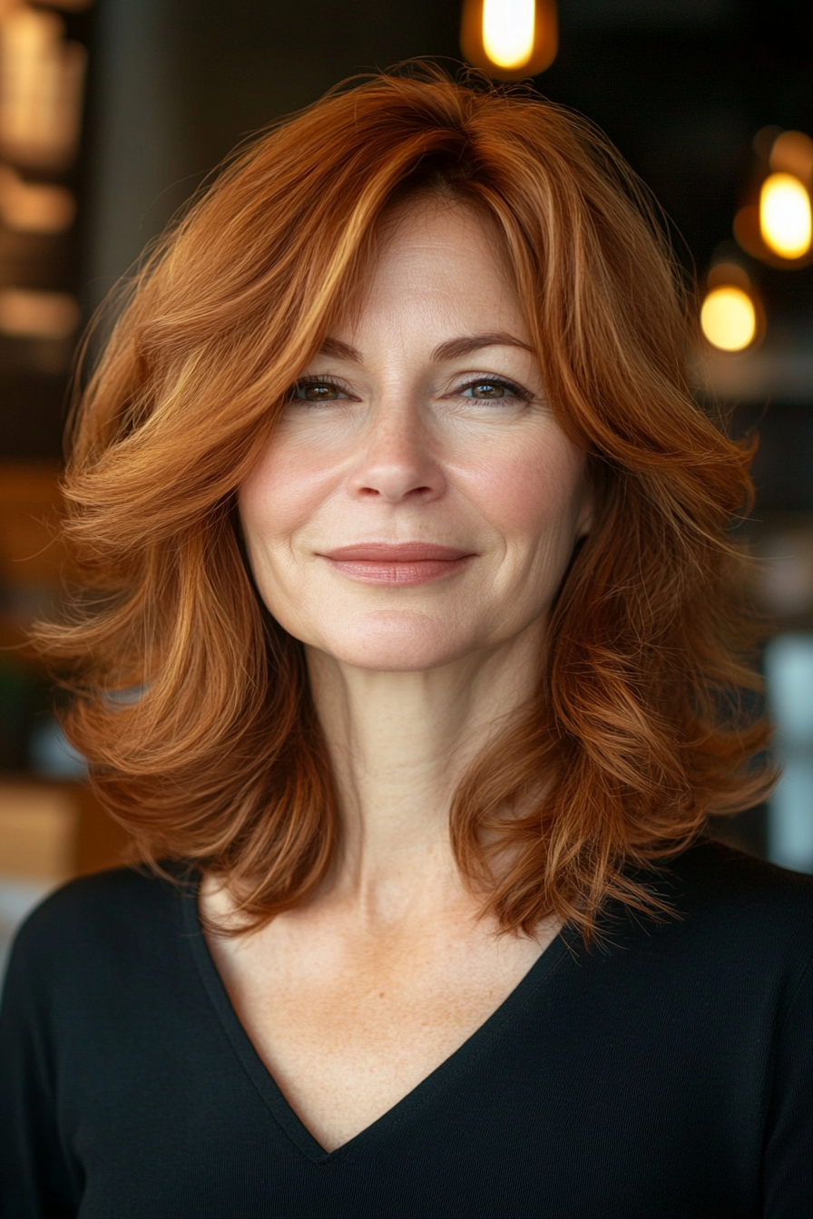 51 year old woman with Layered Lob, make a photosession in a cafe.