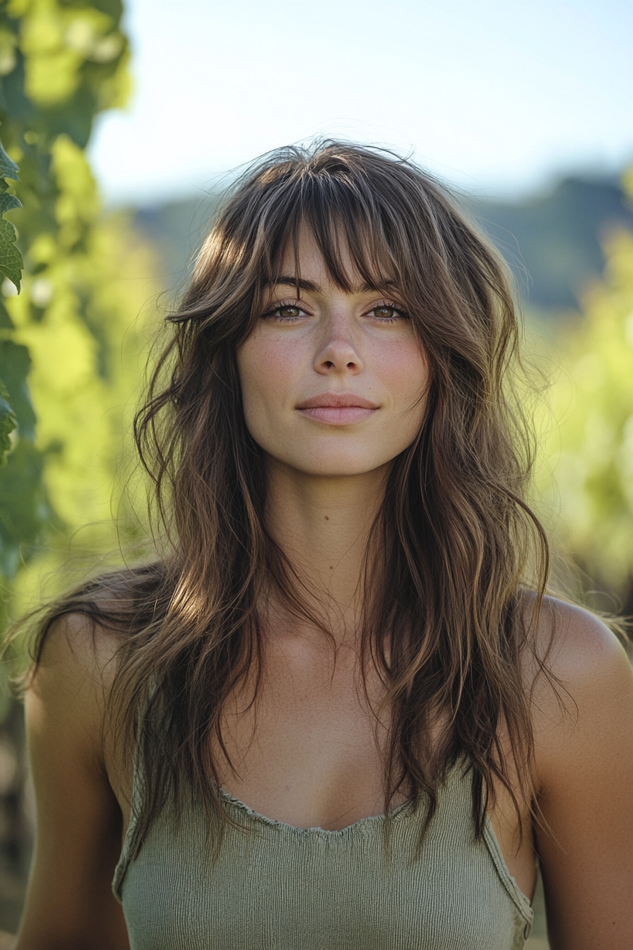 32 years old woman with a Layered Hair with Thick Bottleneck Bangs, make a photosession in a garden.