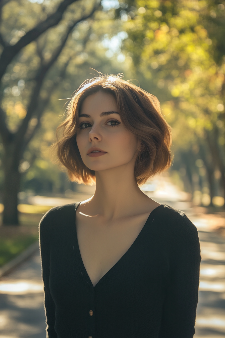 27 years old woman with a Chin Length Haircut with Middle Part, make a photosession in a park.