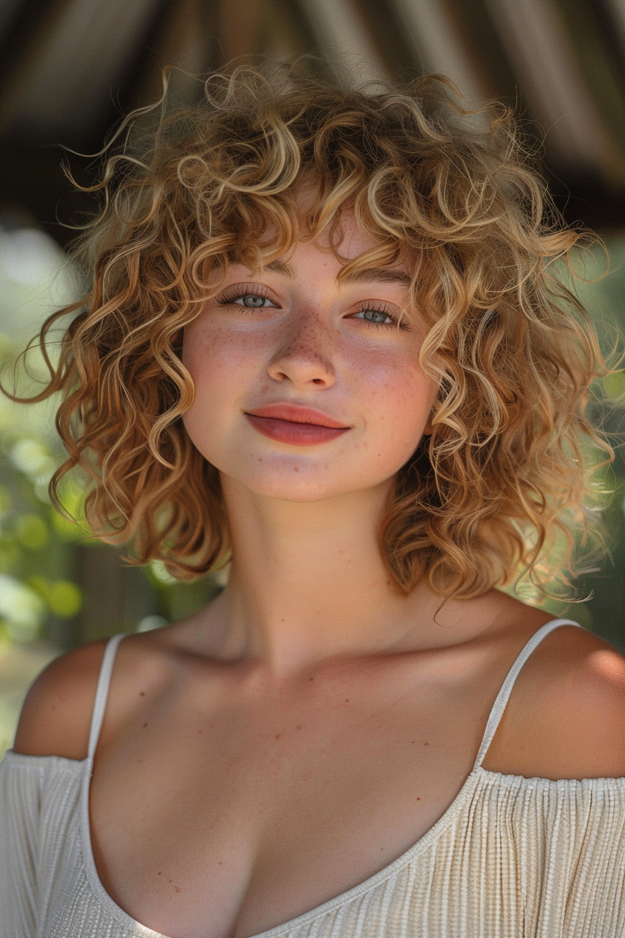 28 years old woman with a Blonde Curly Lob with Cute Bangs, make a photosession in a gazebo in the park.