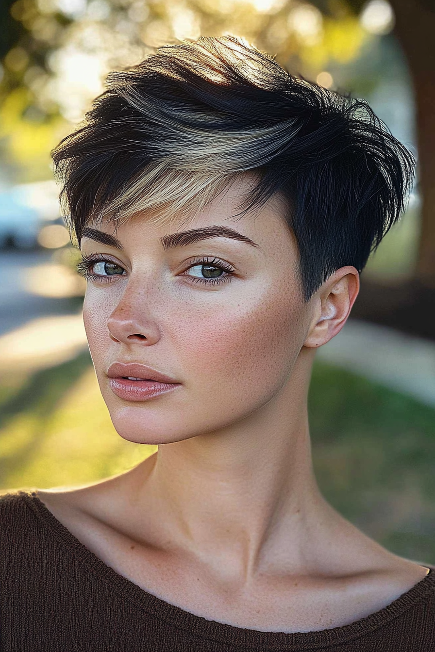 30 years old woman with a Pixie with an Undercut for Extra Edge, make a photosession park.