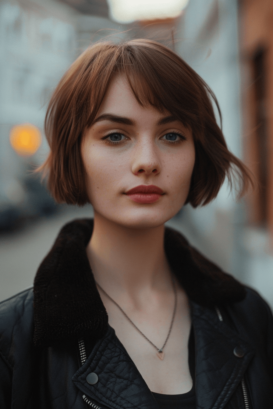 27 years old woman with a Sculpted Bob, make a photosession in a street.