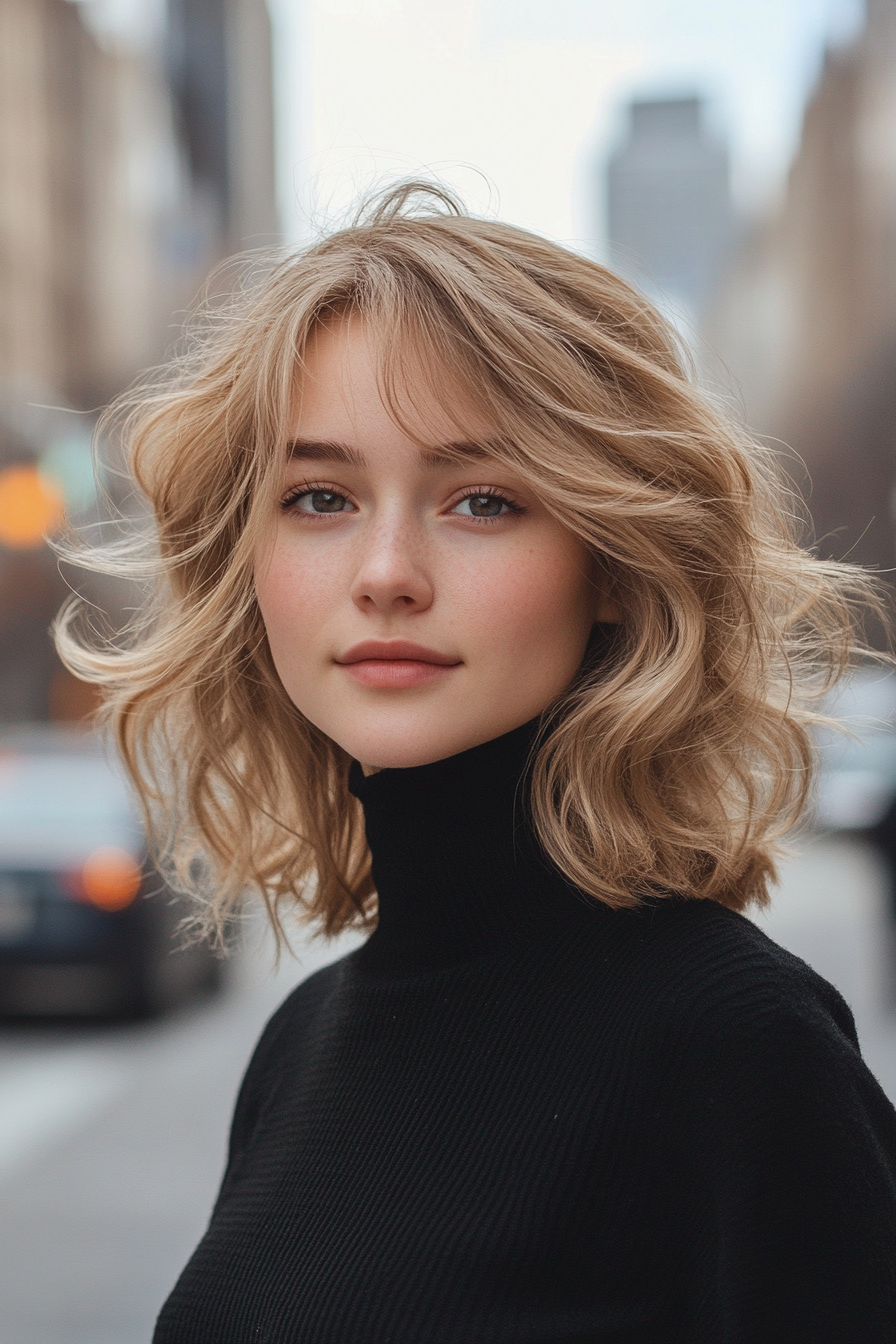 27 years old woman with a Blonde Wavy Shag, make a photosession in a street.