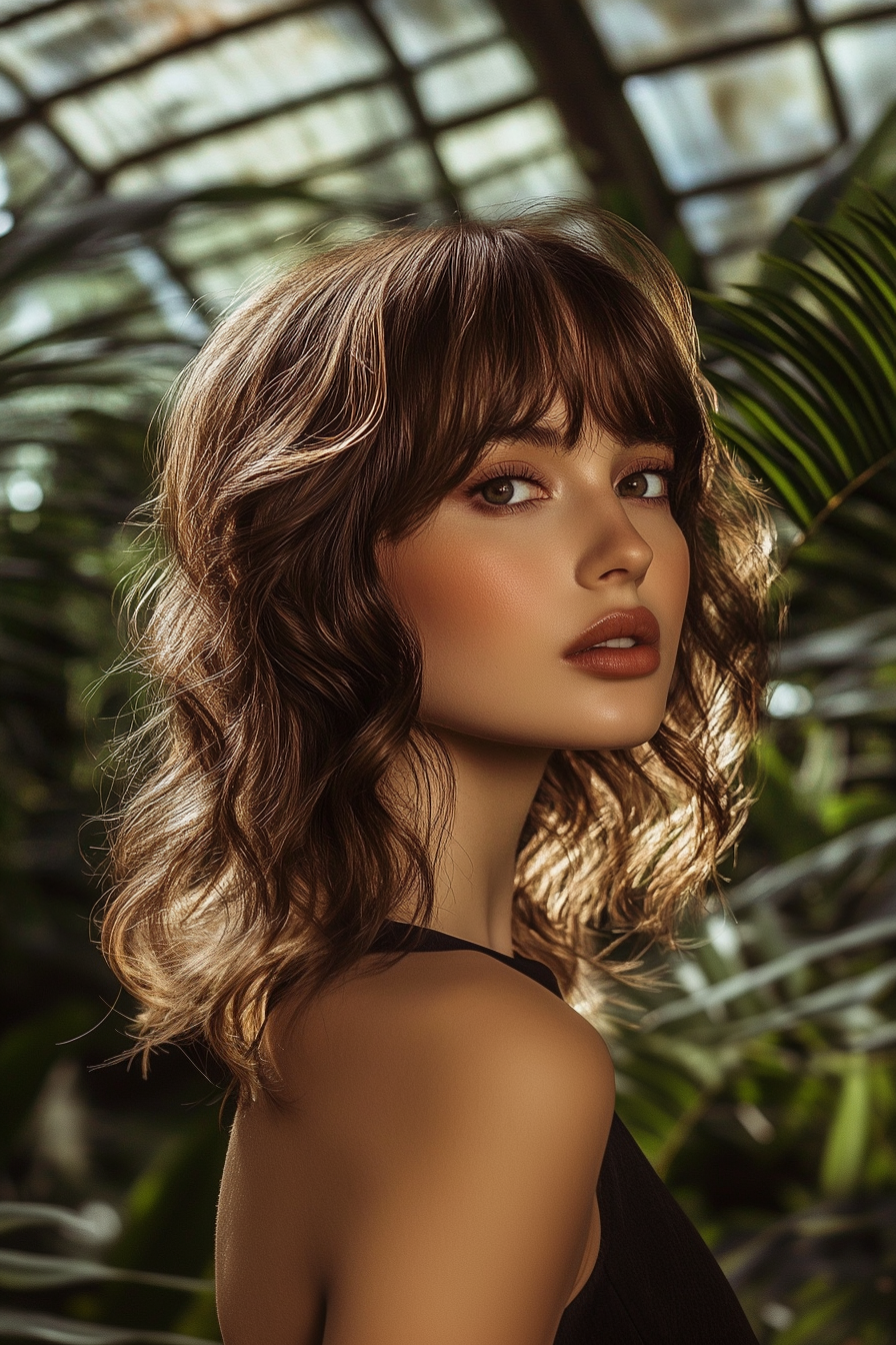 29 year old woman with Heart Bangs and Wavy Hair, make a photosession in a botanical garden