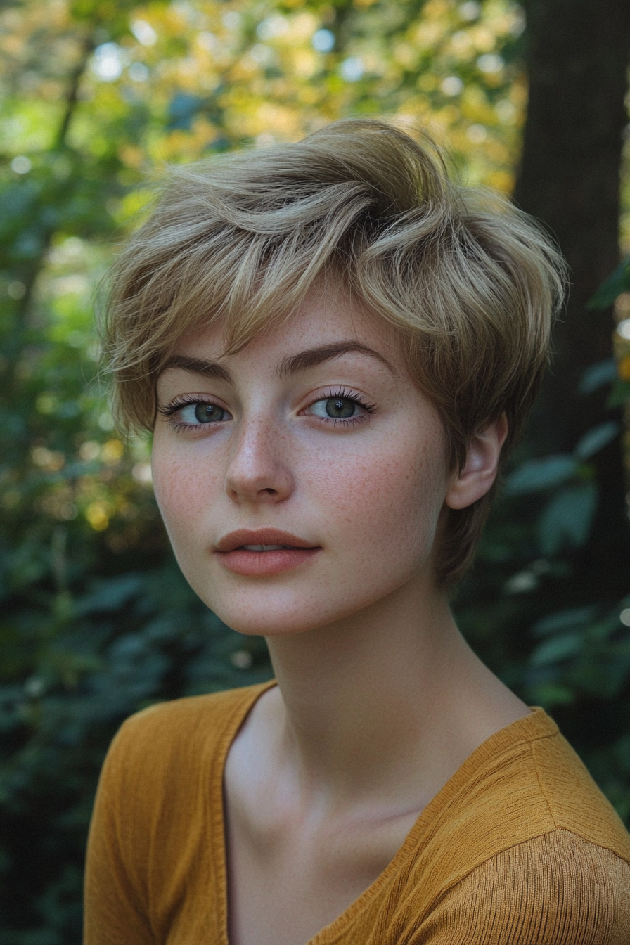 26 years old woman with a Feathered Pixie in Golden Blonde, make a photosession in a park.