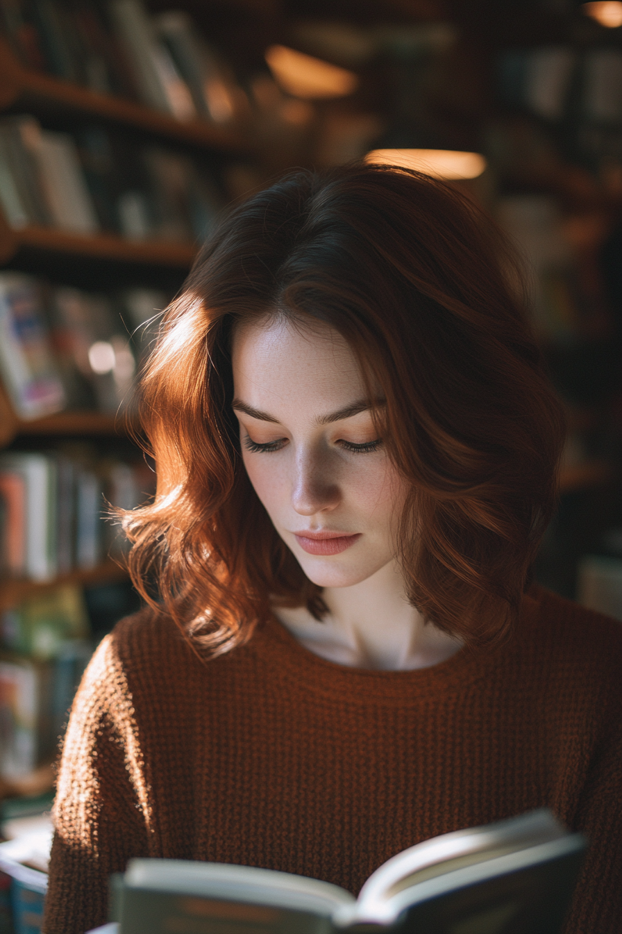 28 years old woman with a Long Bob with Layers, make a photosession in the library.