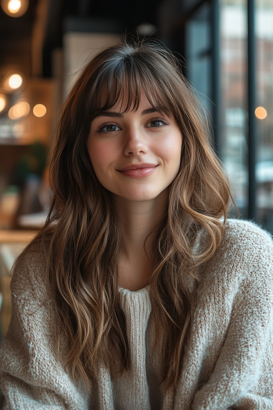 26-year-old woman with See-Through Bangs and Long Hair, make a photosession in a trendy cafe.