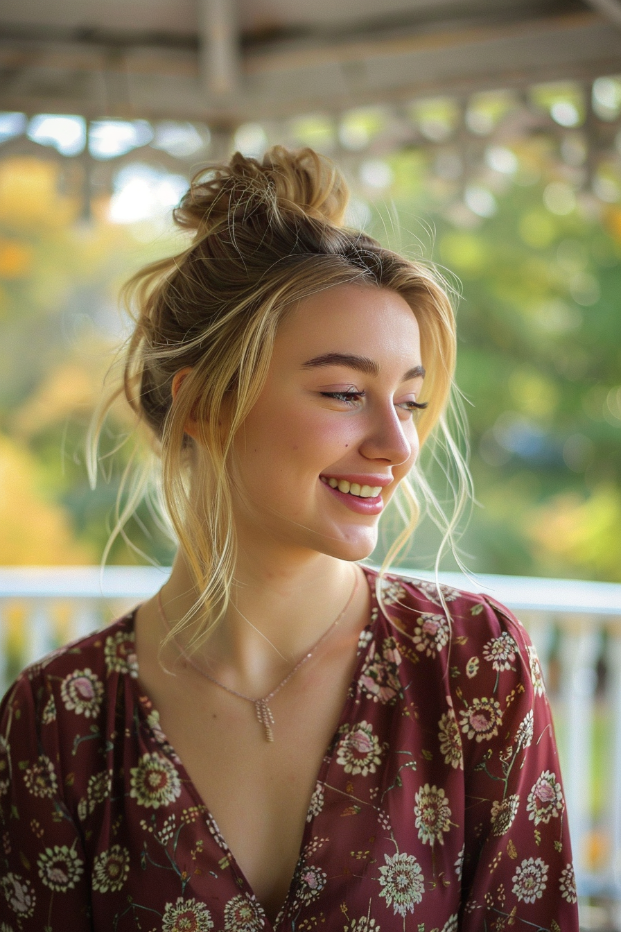 29 years old woman with a Middle Bun Sophistication, make a photosession in a gazebo in the park.