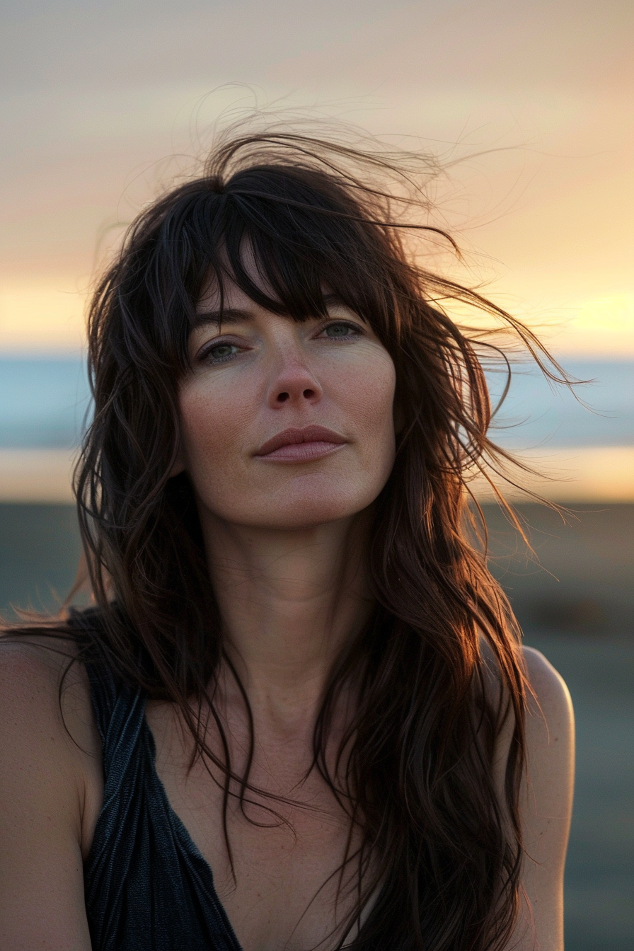 37 years old woman with a Long Shag with Wispy Bangs, make a photosession in a beach.