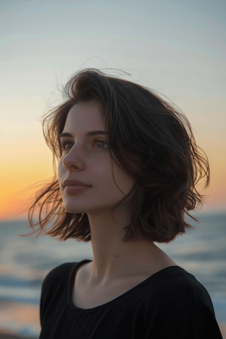 27 years old woman with a Angled Cut, make a photosession in a near the sea.