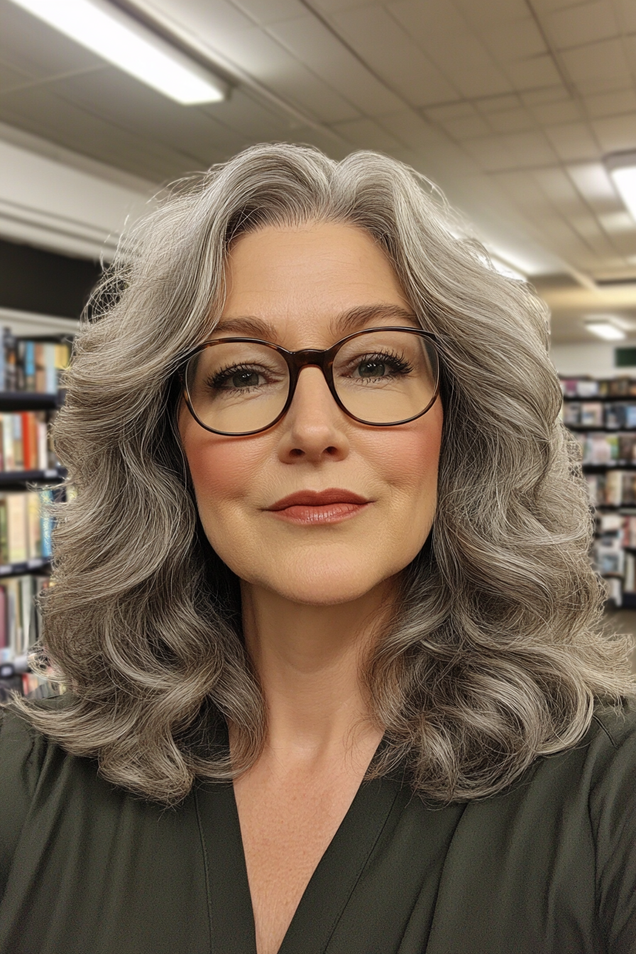 52 year old woman with Natural-Looking Mid-Length Thick Curls, make a photosession in a book shop. 