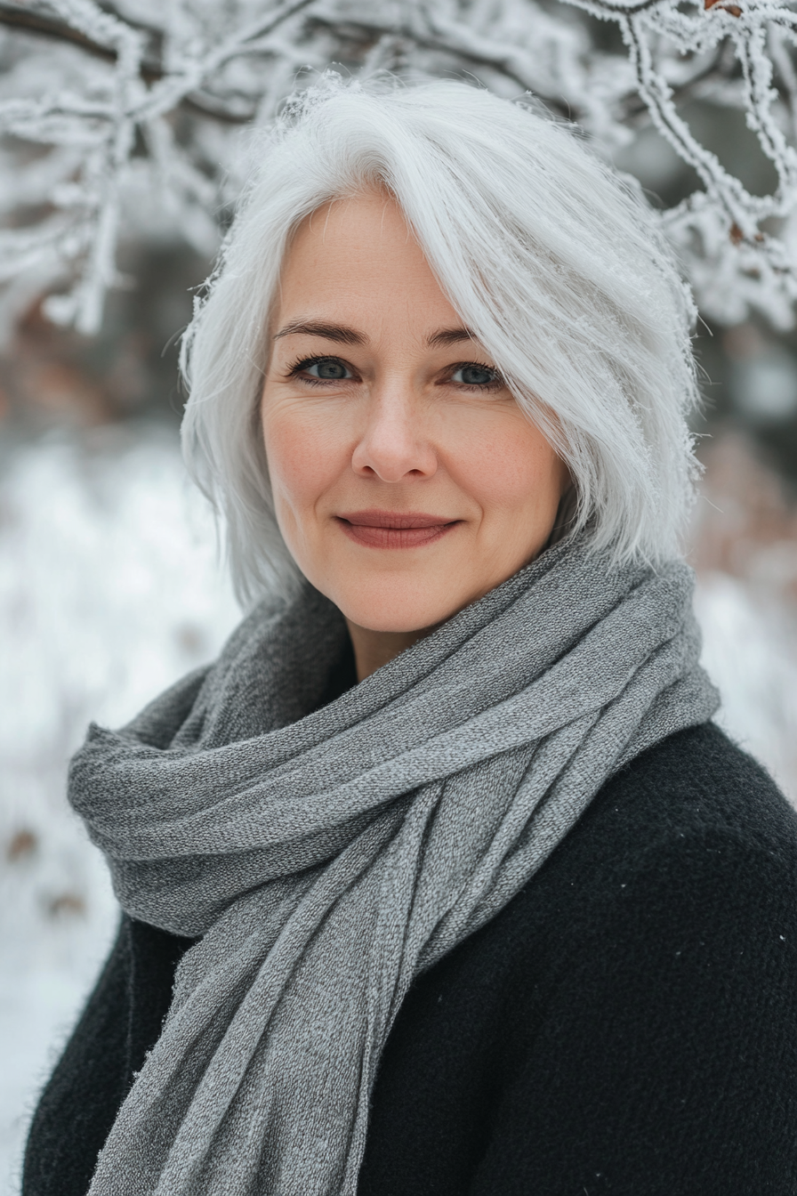 65 years old woman with a Short Layered Bob for Winter, make a photosession in a winter park.