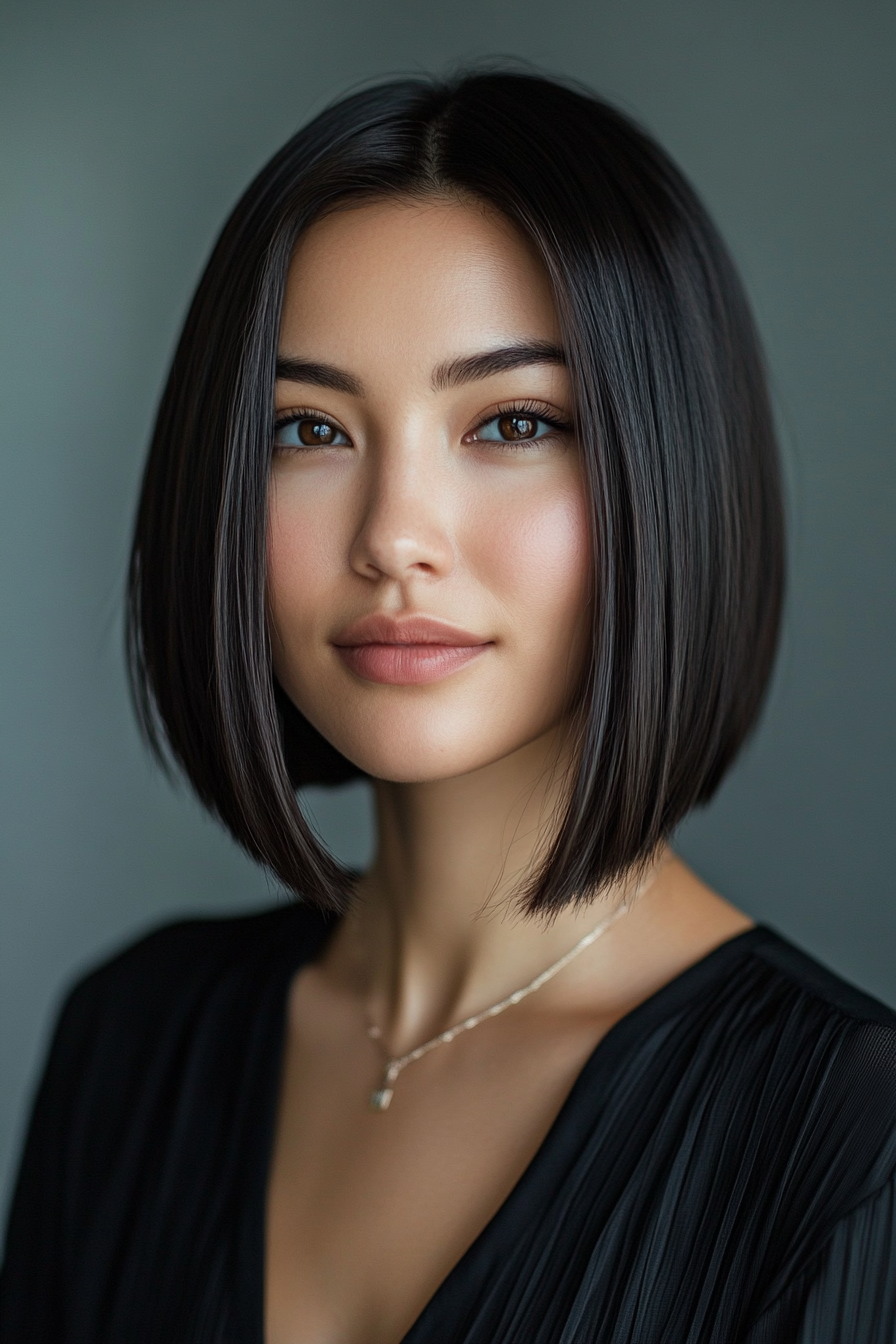 28 year old woman with a Sleek A-Line Bob and Subtle Ombre, make a photosession in a studio.