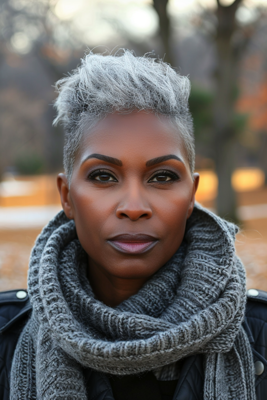 35 years old black woman, with Grey Natural Hair Tapered Mohawk Cut, make a photosession in a
park.