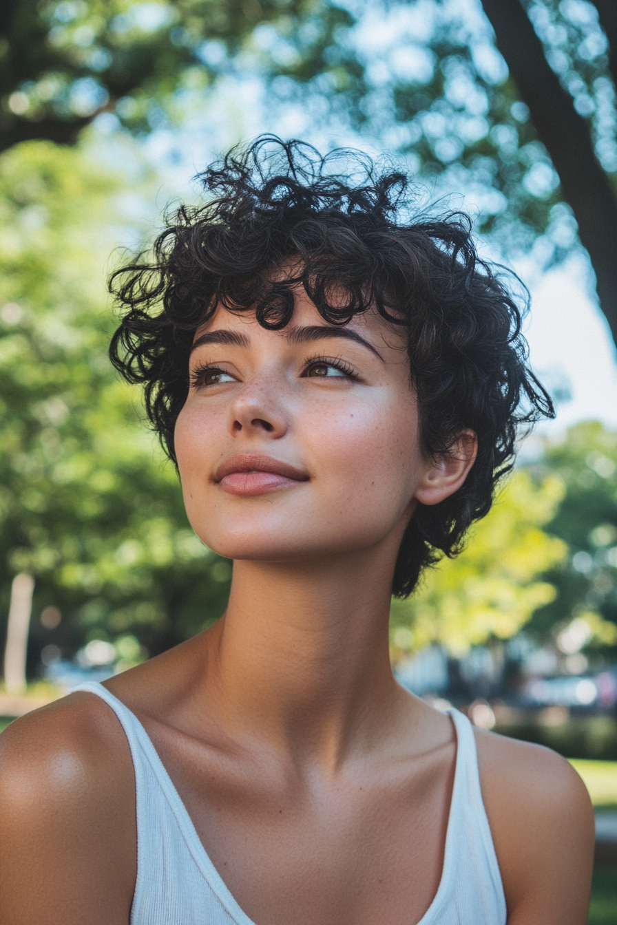 31 years old woman with a Curly Pixie, make a photosession in a city park with vibrant green trees and a clear blue sky.