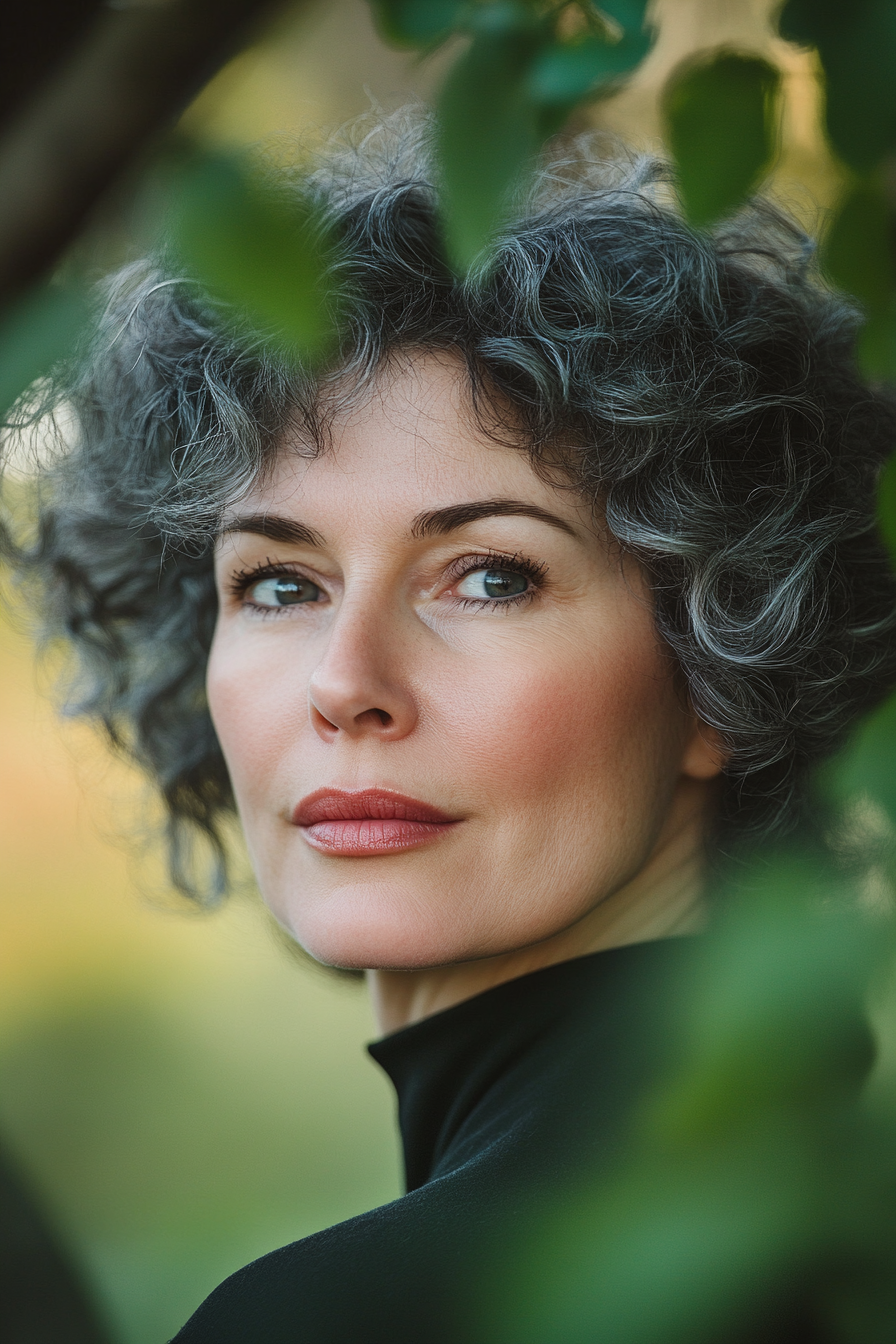 54 year old woman with Curly Bob, make a photosession in a garden.