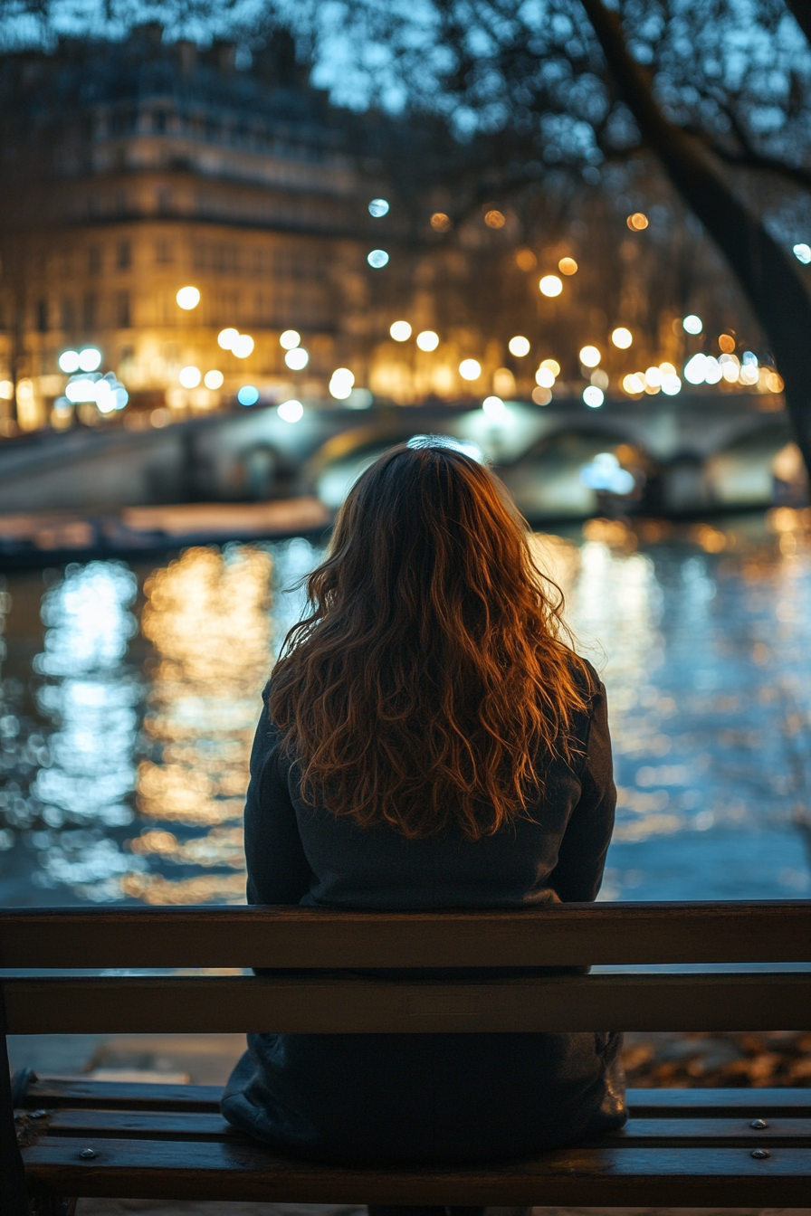 29 years old woman with a Curled Ends, make a photosession on a bench near the river.