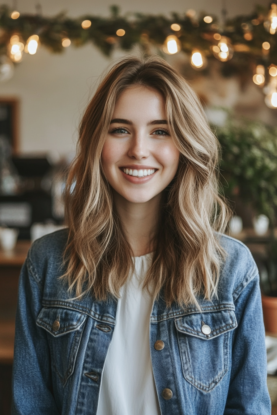 28 years old woman with Voluminous Layers with Highlights, make a photosession in a cafe.